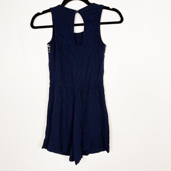 Xhilaration Womens XSmall XS Navy Blue Embroidered Tie Waist Romper Keyhole Back - Picture 2 of 8
